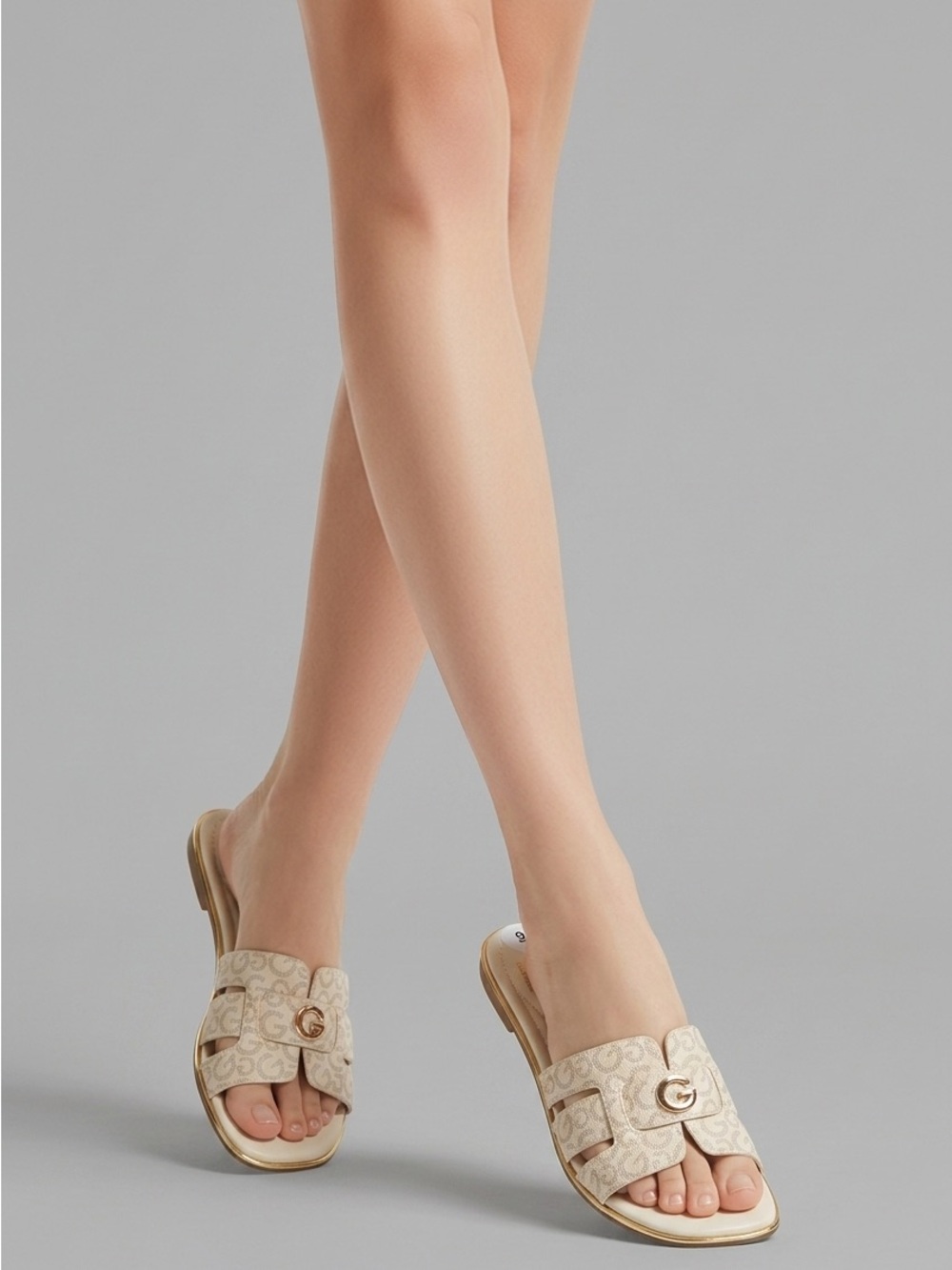 GBG Los Angeles Beige Logo-Print Slide Sandals with Gold G Accent